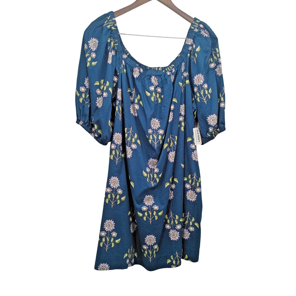 Old Navy Puff Sleeve Swing Dress Women's Blue Green Floral Cotton Pockets XL NWT